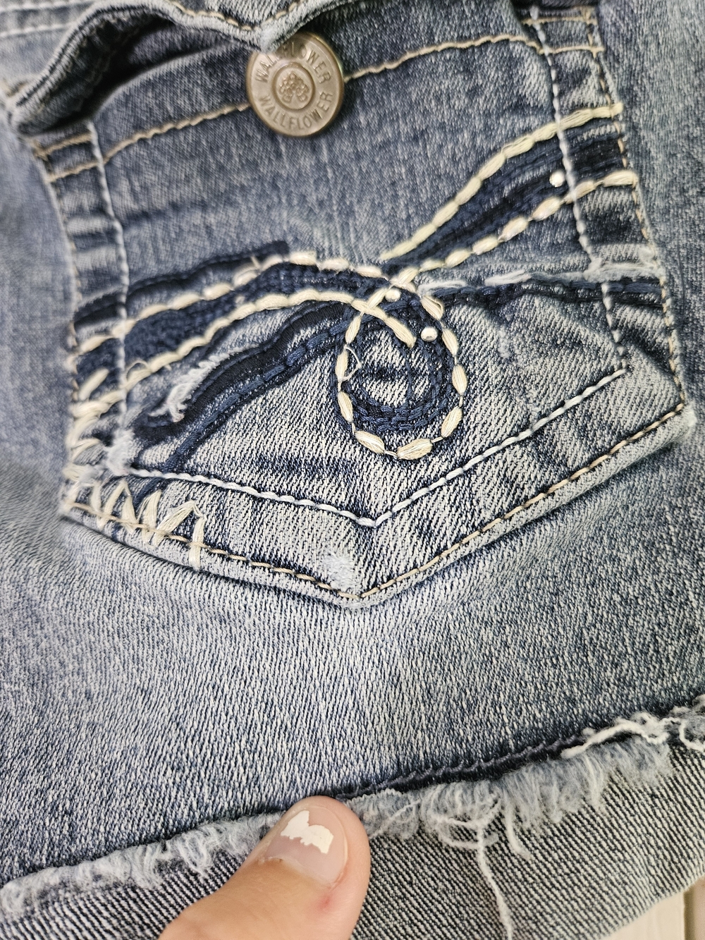 WallFlower Junior's Frayed Hem Jean Shorts - Blue - Picture 8 of 11